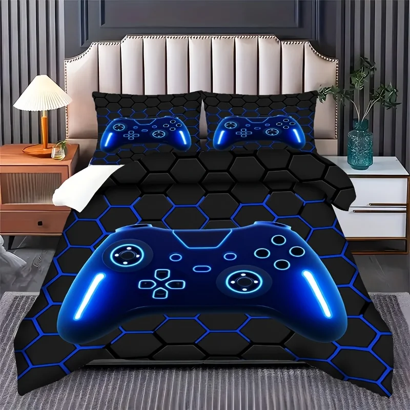 

2/3Pcs Game Controller Pattern Duvet Cover Set, Light Blue Trendy Digital Print Bedding with Zipper, Machine Washable