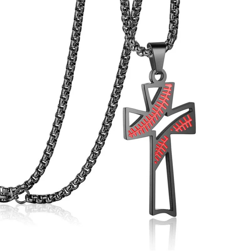 Hot Selling Stainless Steel Baseball Cross Pendant Necklace Hollow Design Adjustable 22+2 Inch for Men jewelry