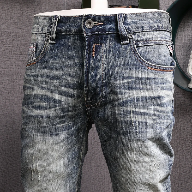 Italian Style Fashion Men Jeans Retro Blue Slim Fit Elastic Trousers Casual Ripped Jeans Men Vintage Designer Denim Pants Hombre