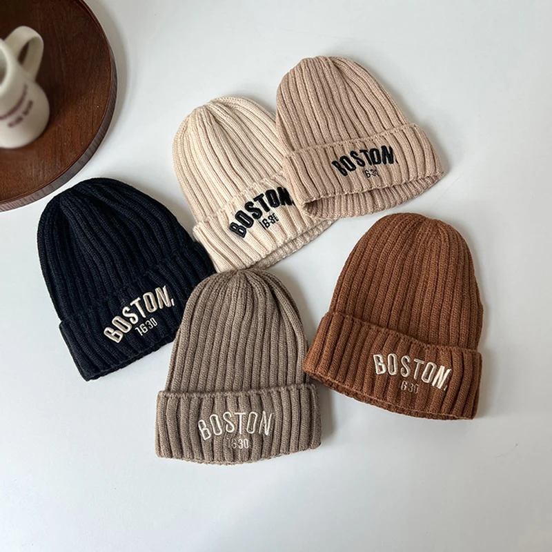 

Autumn Winter Warm Knit Hat for Girls Boys Solid Color Letter Baby Beanie Cap Fashion Outdoor Baby Children Crochet Bonnet