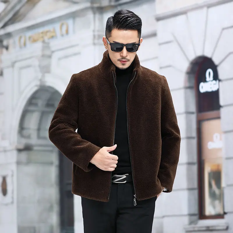 Winter New Fur Woolen Coat Men Turn Down Collar Button Black Brown Casual Jacket Outwear Thickening Plus Size Overcoat A24