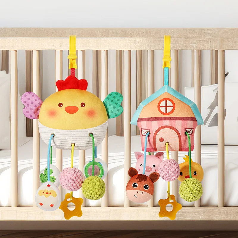 Cama de bebé de pollo y cangrejo de dibujos animados, juguetes colgantes con sonajeros, mordedor, carrito de coche, cuerda de tracción de felpa, juguete Montessori para recién nacido
