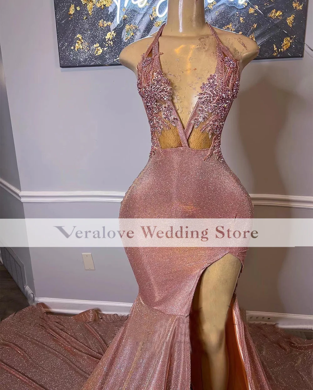 Pink Sparkly Sequins Prom Dresses Sexy Celebrity Met Gala Dress 2020 Slit Evening Party Gowns Real Images