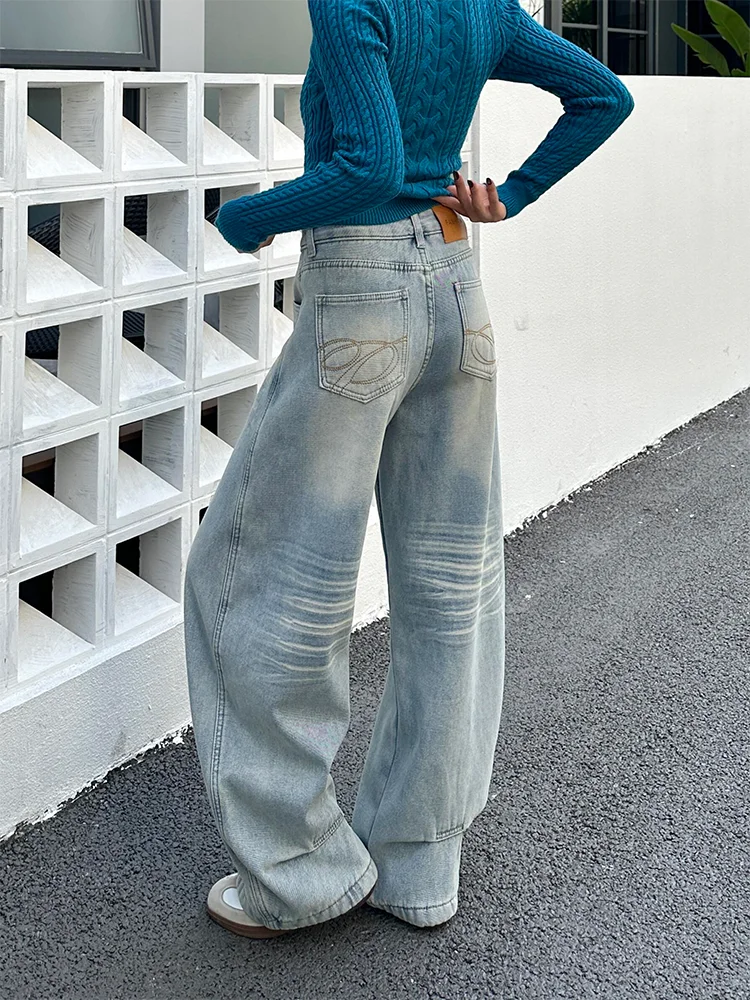 

Washed Blue Jeans Women's High Waist Wide Leg Pants American Style Embroidery Design Casual Comfortable Denim Trousers