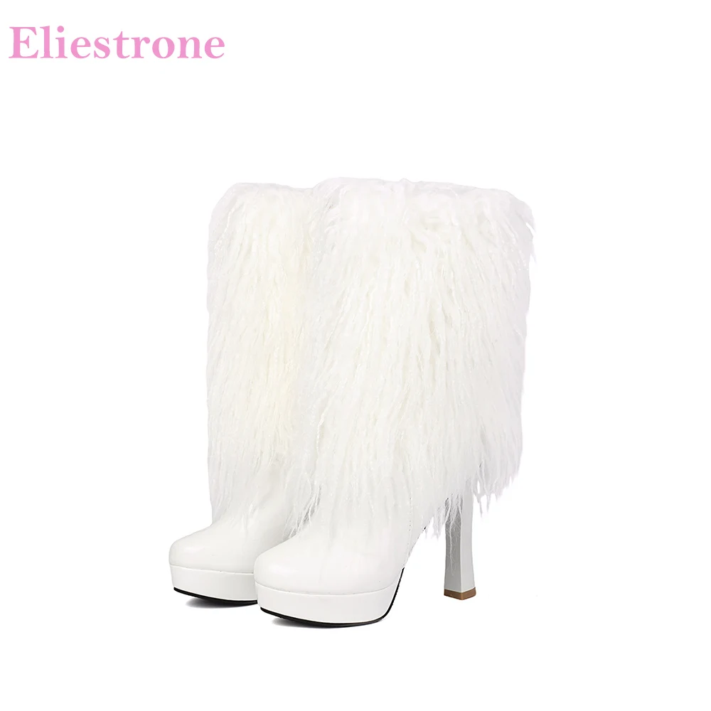 

2025 New Winter Fashion White Black Women Mid Calf Boots Faux Fur High Thin Heel Lady Shoes Plus Big Size 10 43 45 48