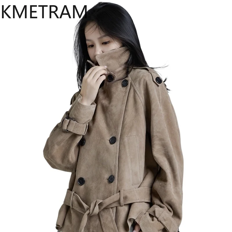 KMETRAM Natural Sheepskin Reverse Suede Trenchcoat Short Fashion Women's Genuine Leather Jacket 2025 Autumn Coats vestes femmes