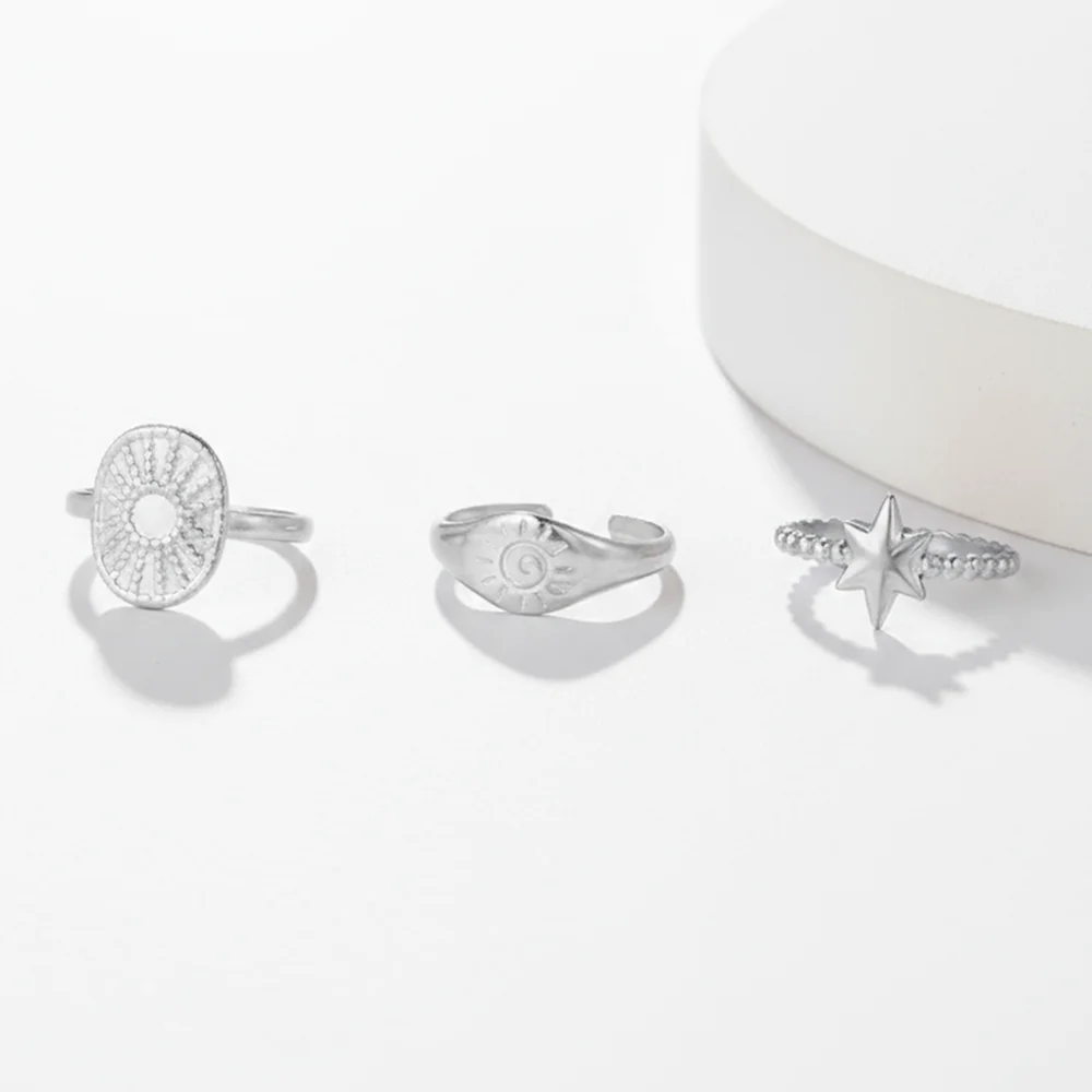 Stainless Steel Sun And Star Geometric Oval Open Ring Set Women's Fashionable Commuter Style Distinctive Design Finger Jewellery