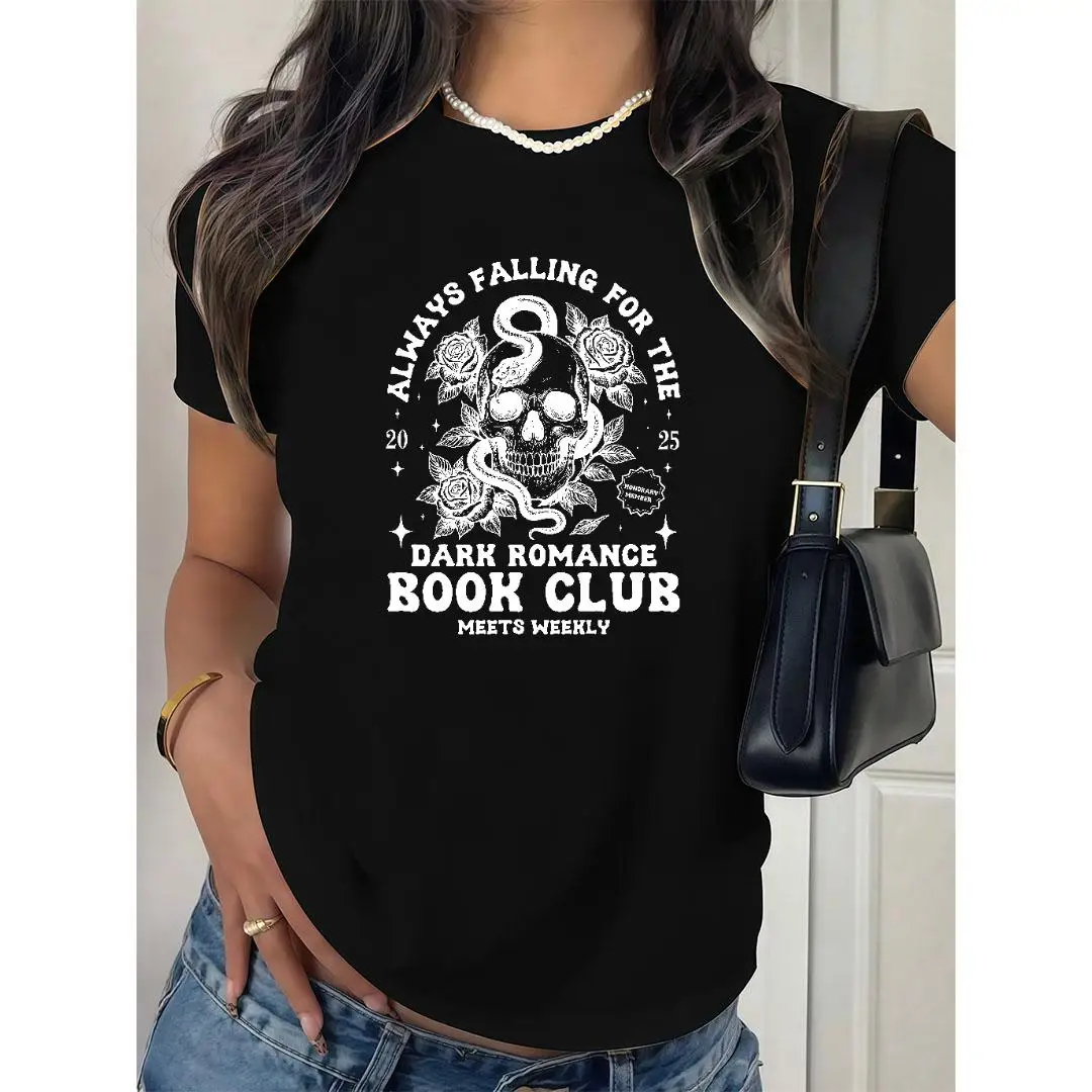 

Dark Romance Book Club T-shirt for Women Gothic Skull Graphic Tee Snake Rose Print Alternative Aesthetic Slogan Top