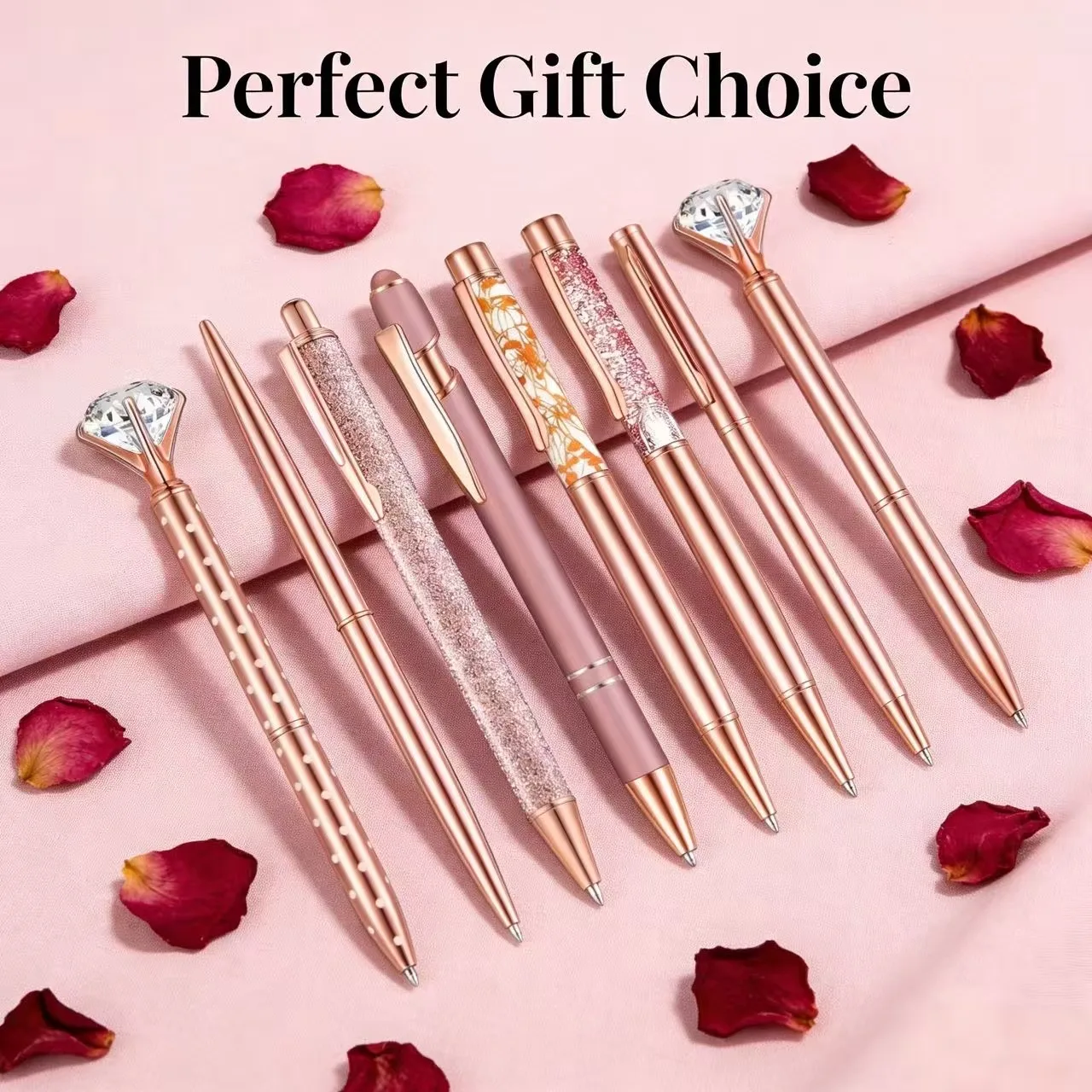 

8pcs Rose Golden Ballpoint Pen Set - Stylish Metal Pens with Crystal Accents - Perfect for Students, Office, Gifts, Luxury Pen