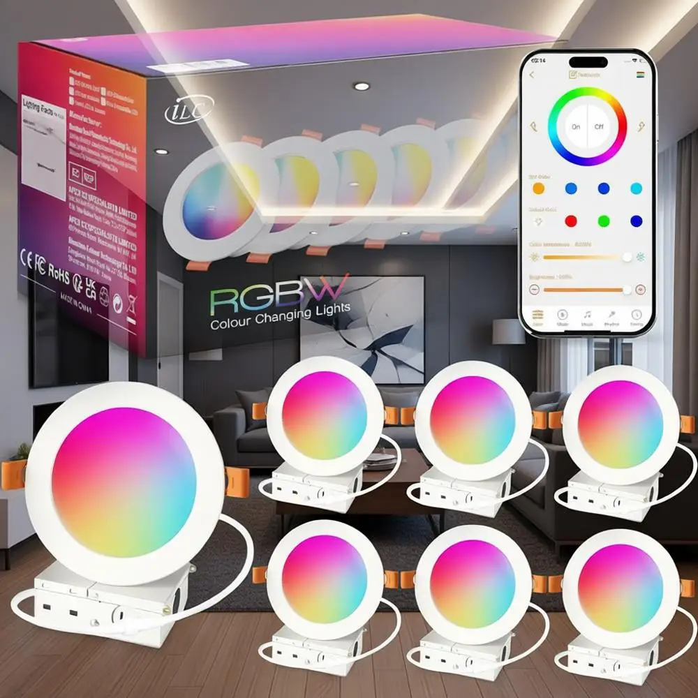 4 Inch LED Recessed Downlights, 10W, APP Controlled, RGB, 2700K-6000K, 100W Equivalent, Bluetooth MESH (6 Packs)