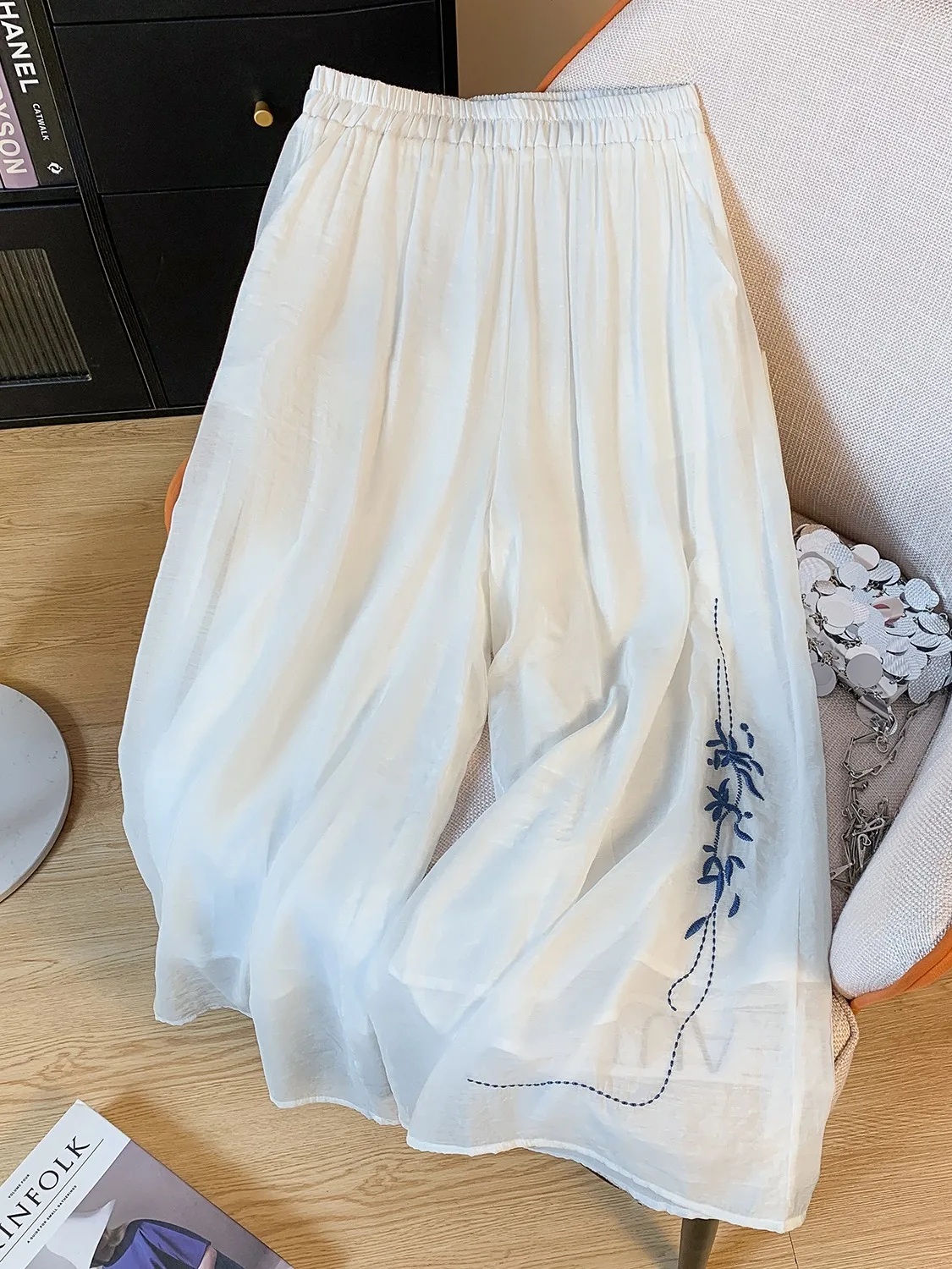 

Двухслойные широкие брюки с высокой талией, женские летние свободные драпированные прямые хлопковые и льняные повседневные брюки с вышивкой
