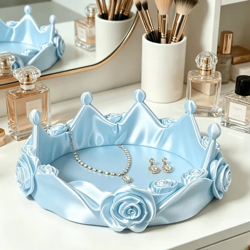 3D Printed Crown Rose Jewelry Organizer, Sweet Makeup Brush Holder Box, Vanity Storage Tray, Desktop Decor Art Ornaments Display