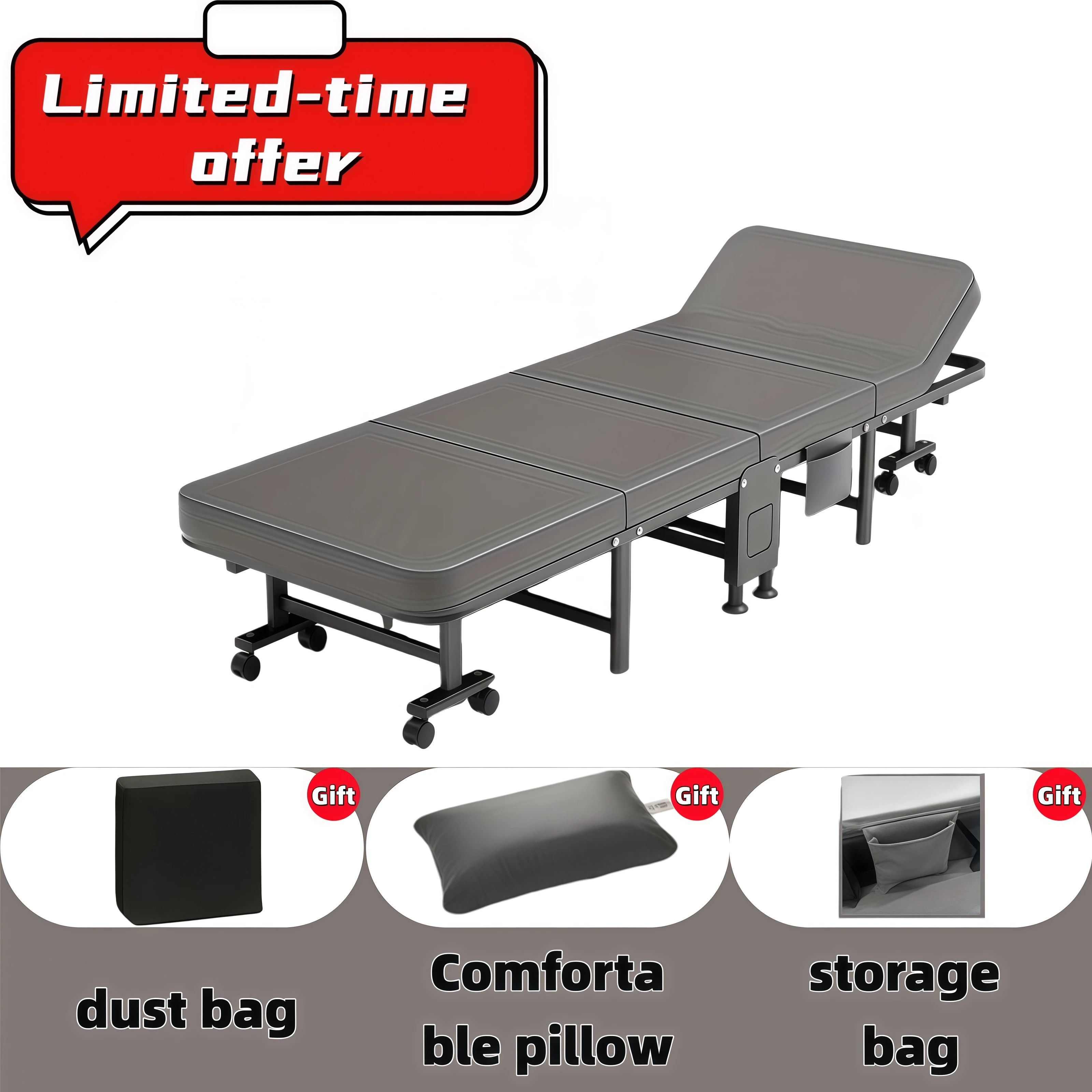 Technology Fabric Folding Bed | Free Pillow + Side Bag + Dust Bag | Suitable for Multiple Scenarios, Foldable, Portable