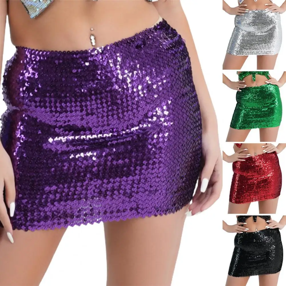 

Women High Waist Skirt Sequin High Waist Mini Skirt for Women Slim Fit Sheath with Reflective Detailing Above Knee for Nightclub