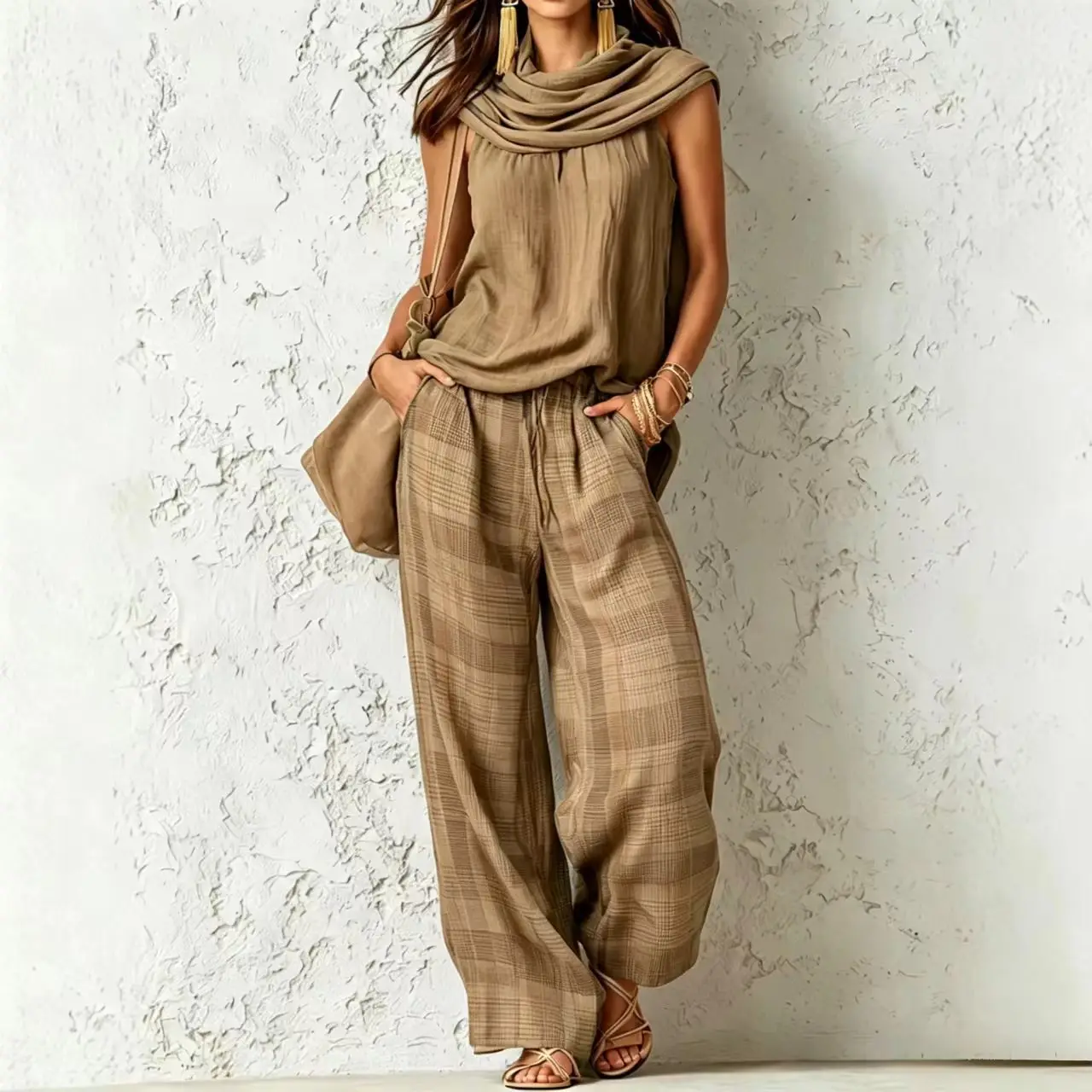 2026 New Women Fashion Boho Green Sleeveless Cowl Neck Tank Top And Plaid Wide Leg Pants Two Piece Casual Loose Summer Outfits