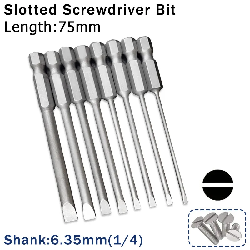 6/10pcs Flat Head Screwdriver Bits 75mm Long Magnetic Tip Slotted Screwdriver Bits S2 Steel 1/4 Inch Shank Flat Head Bits