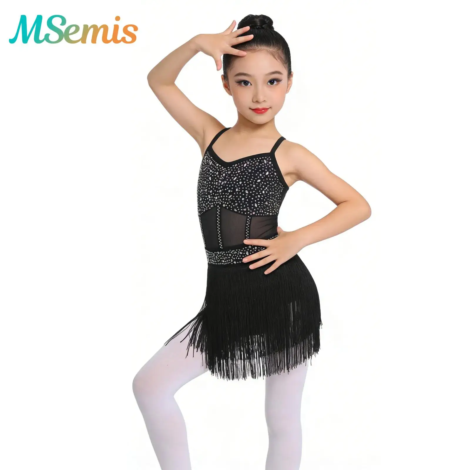 

Kids Girls Rhinestone Gymnastics Leotard Latin Dancewear Tango Ballroom Dance Performance Outfits Tiered Tassel Fringe Dress