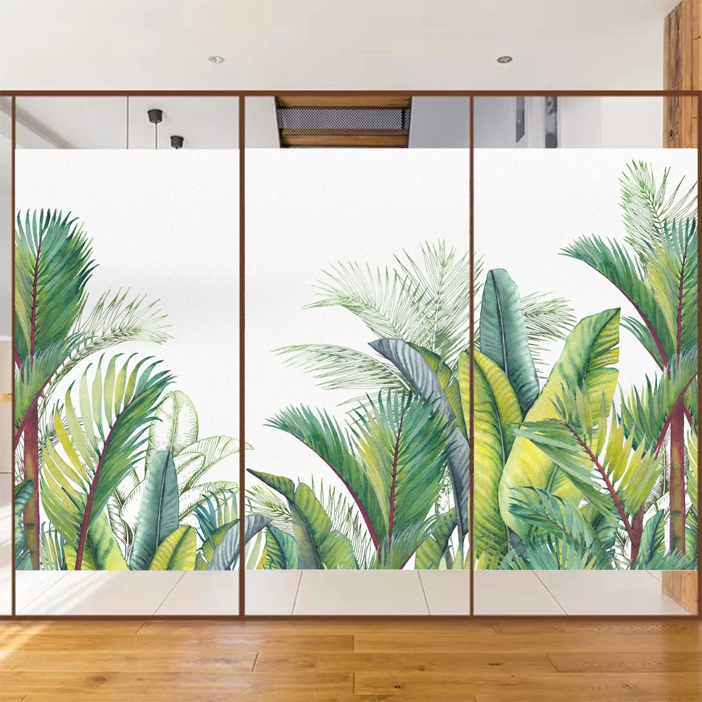 Privacy Glass Window Film Plant Leaf Pattern Glue-Free for Bathroom Door Sticker Sun Blocking Static Frosted Glass Window Flim