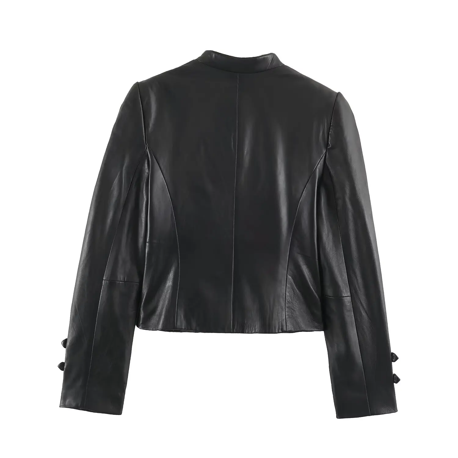 BSAY 2026 Autumn New Streetwear Womens Faux Leather Cropped Jacket Stand Collar Long Sleeve Frog Button Decor Slim Fit Outerwear