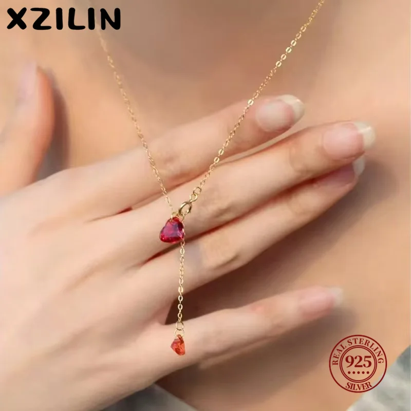 

XZiLin S925 Sterling Silver Heart Shaped Necklace for Women 14K Gold Plated Adjustable Length Lockbone Chain Fashion Jewelry