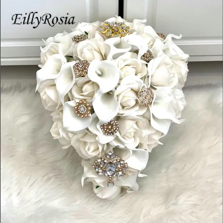 White Artificial Roses Calla Lily Gold Brooch Bouquet Holding Flowers Cascade Wedding Bouquet Flowers Waterfall for Bride