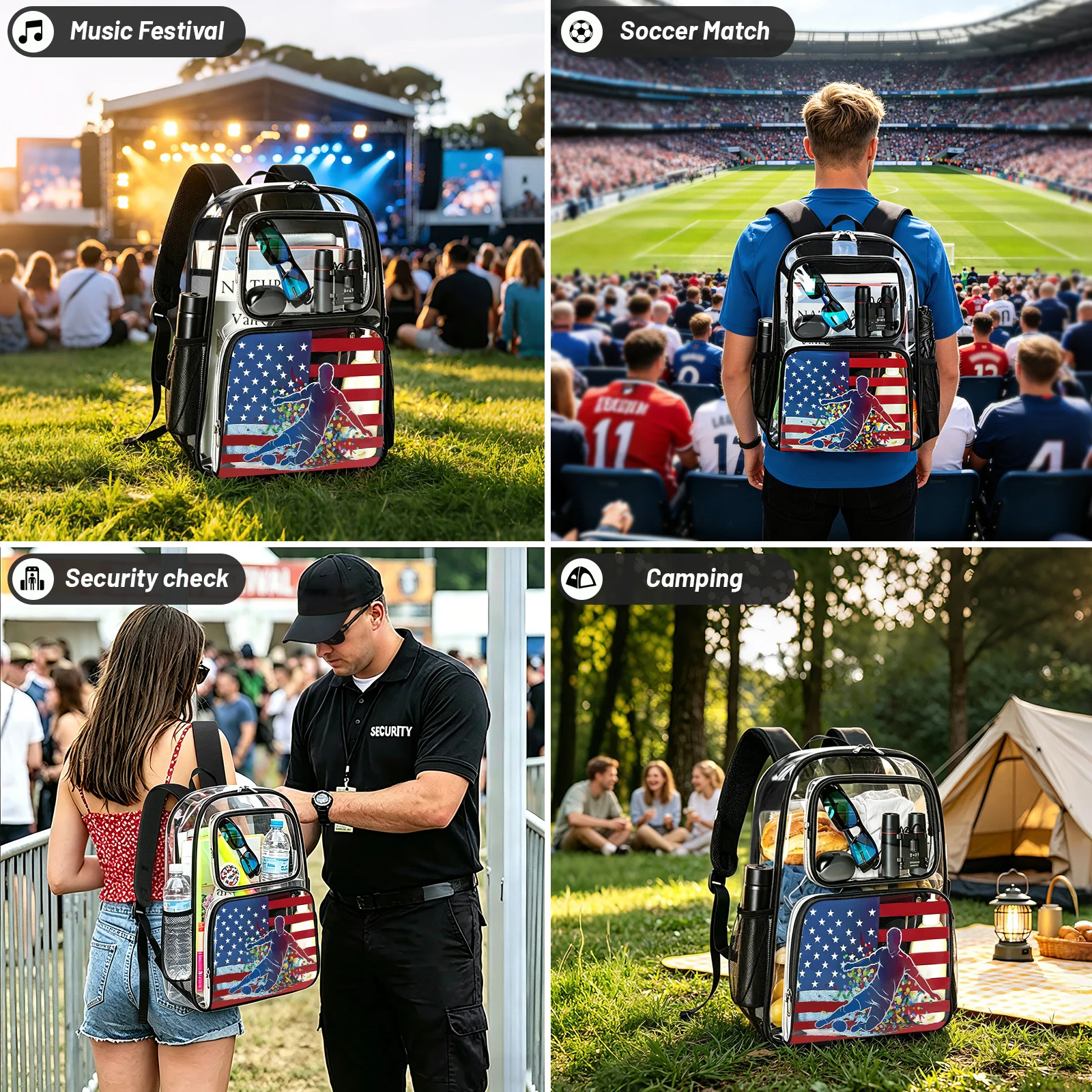 

2026 USA Canada Mexico Sports Football Transparent Backpack Sports Field Approved Waterproo PVC Transparent Bag Fan Lover Gift