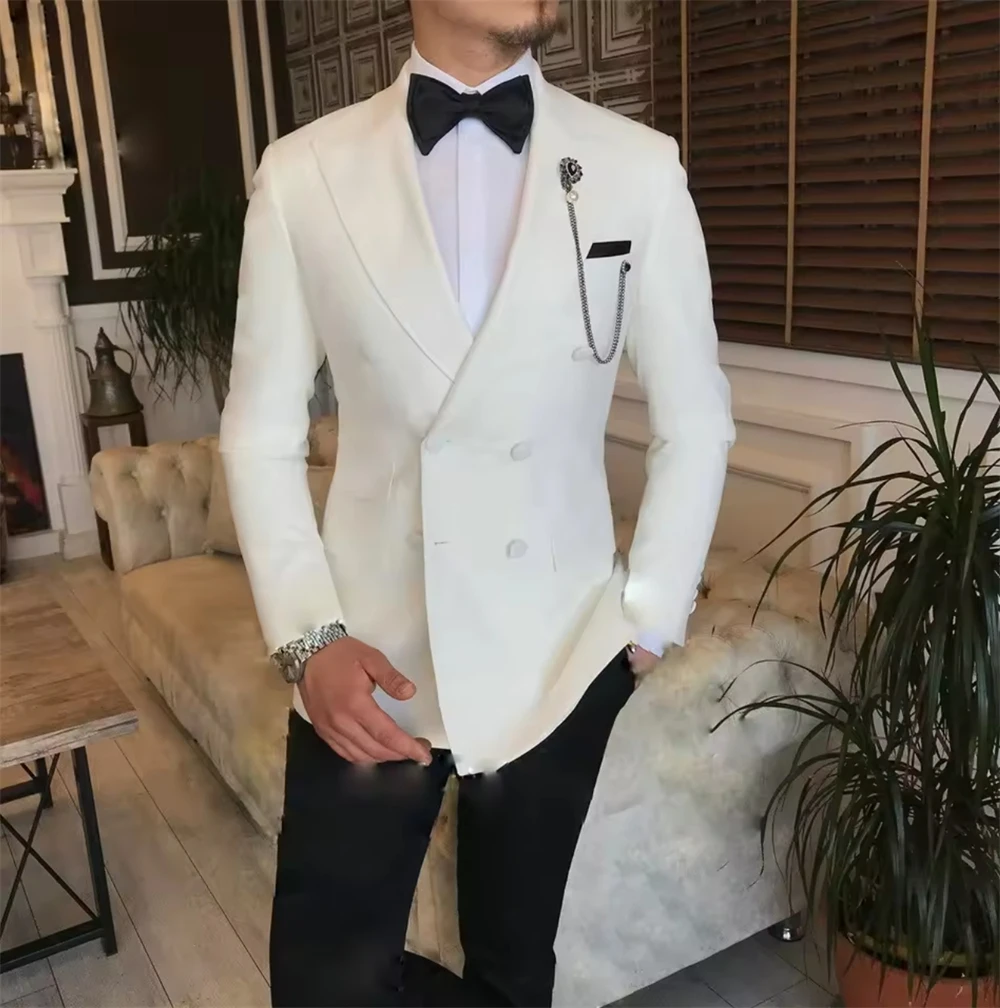 

Elegant Peak Collar Men Suits Slim Fit Blazers Solid 2 Pieces Double Breasted Formal Causal Business (Blazer+Pants)