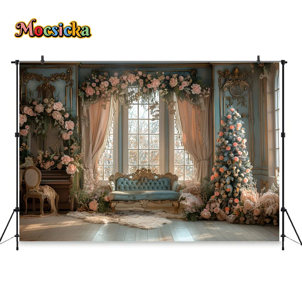 Fondo de fotografía de habitación de flores clásicas para mujeres de maternidad, cortina de ventana de árbol de Navidad rosa, telón de sofá, fotos artísticas