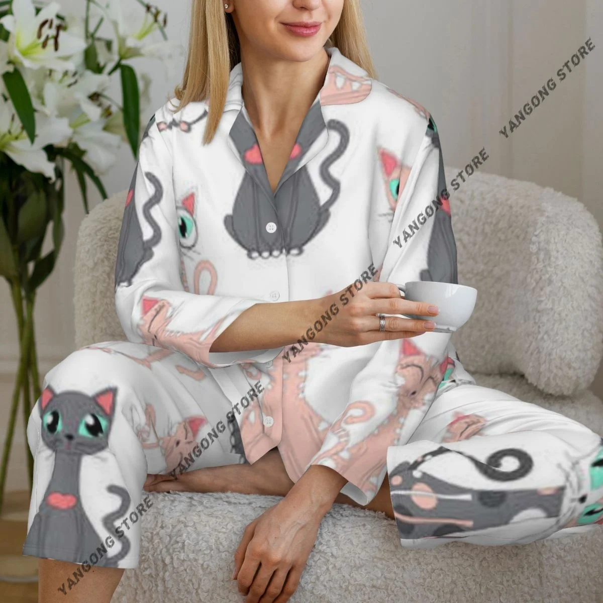 

Cute Cartoon Cats Womens Pajamas Loungewear Two-piece Sleepwear Button-Down Full Sleeve Long Pajamas Set