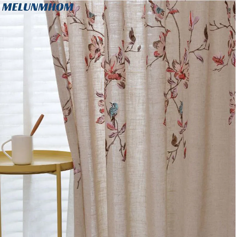 Cotton Hemp Embroidered Flowers Bird Design Shade Curtains in Bedroom White Tulle Sheer Window Drapes For Living Room