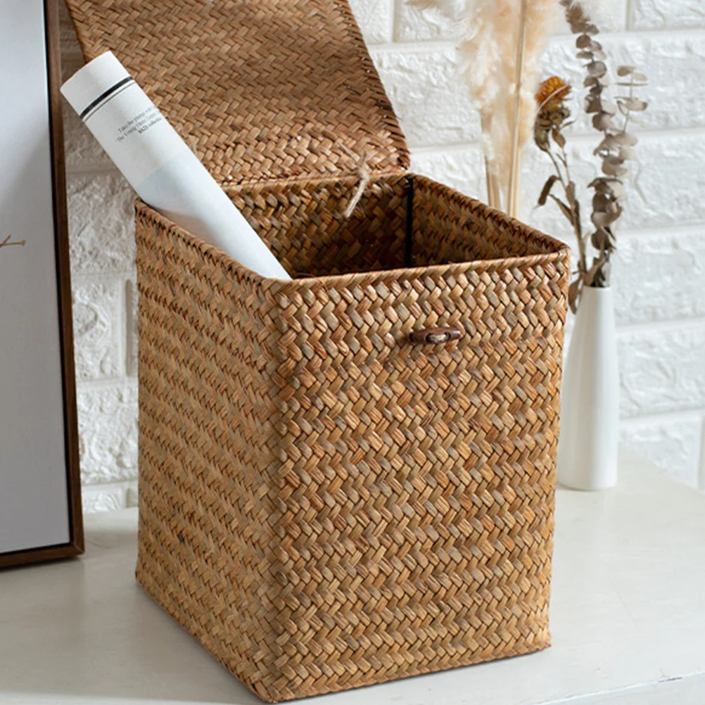 Rattan Bins Picnic Basket Storage Baskets Retro Case Woven Large Seagrass Cattail Straw Handwoven Laundry Hamper with Lid