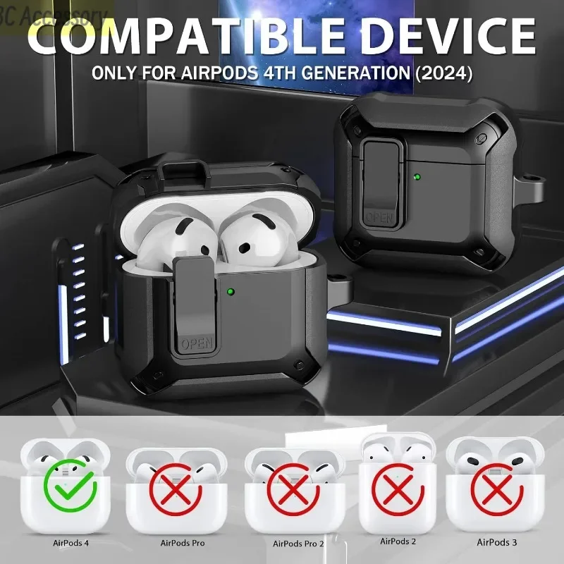 Novo para airpods 4th geração caso militar tpu à prova de choque capa dura protetora com bloqueio seguro para apple para airpods 4 caso