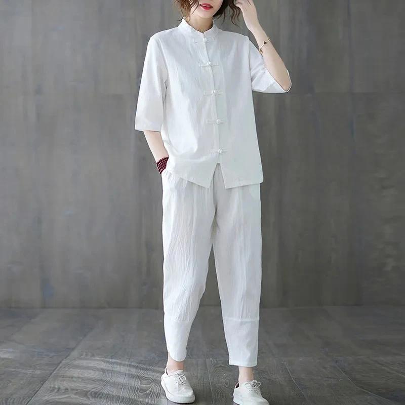 

Women's Cotton Lin Tang Suit Zen Style Buddhist Casual Wear Two-Piece Set Traditional Chinese Dress Summer Fashion E8904