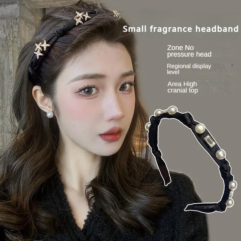 Black pearl pleated headband 2024 new summer high head top face pressure hair clip advanced sense headband