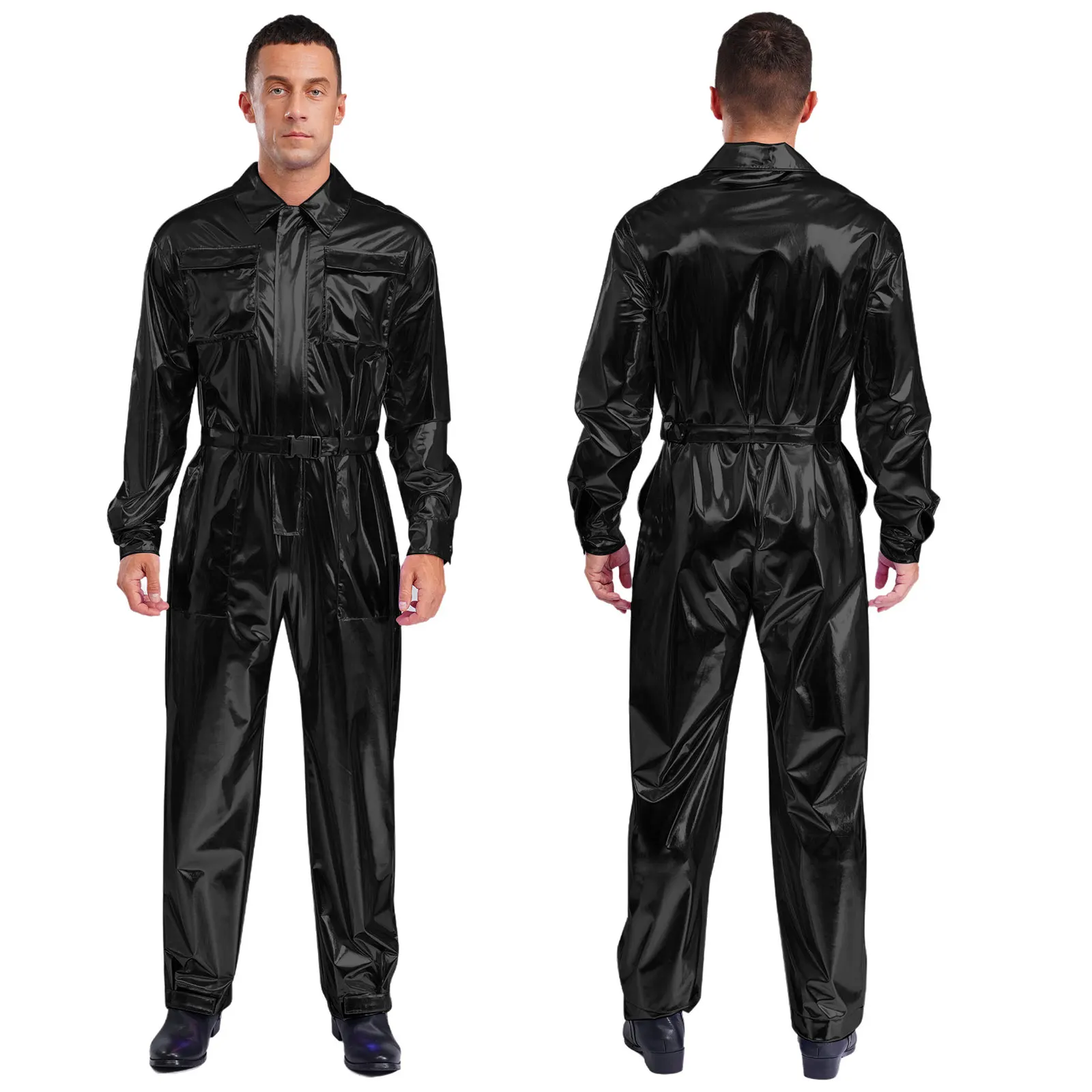 

Men Fashion Shiny Jumpsuits Long Sleeves Working Overalls Disco Party Jumpsuit with Waistband Halloween Astronaut Cosplay Outfi