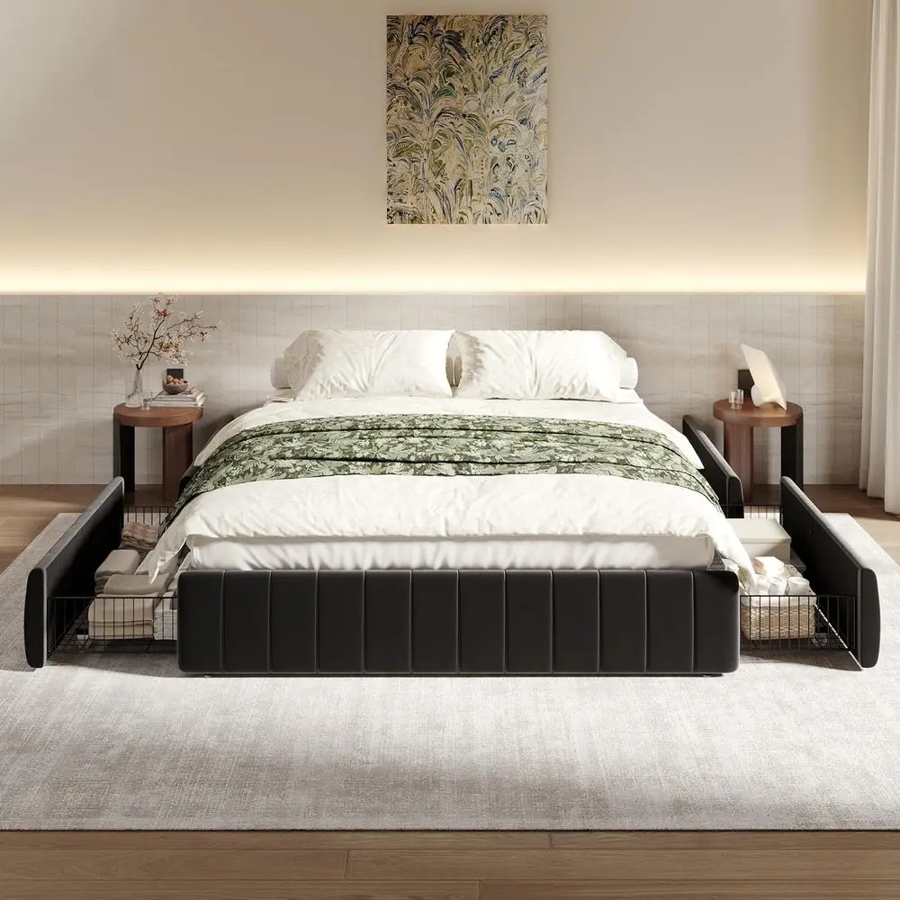 

Queen Velvet Platform Bed with 4 Drawers, Channel Tufted, Low Profile, Wooden Slat Support, Easy Assembly, Black