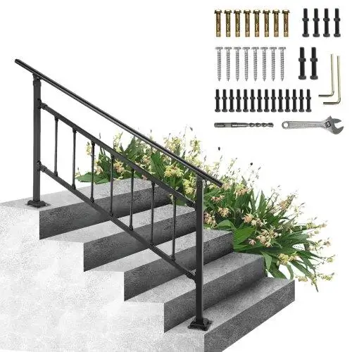 Adjustable Wrought Iron Outdoor Stair Railing for 1 -4 Steps, Matte Black Handrail with Installation Kit for concrete Steps