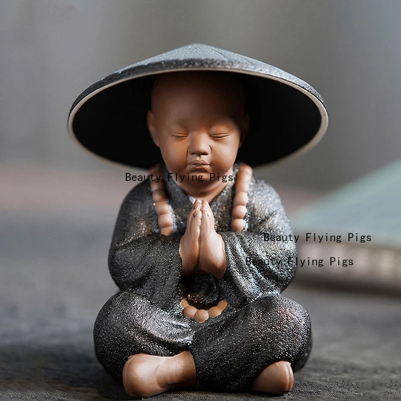 Black pottery Buddhist monk miniature statue Chinese figure Feng Shui ornament tea filter funnel tea ceremony decoration