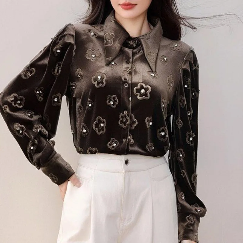 

Новинка 2025, женская бархатная рубашка с острым воротником и горячим бриллиантом, легкий роскошный высококачественный топ с длинными рукавами