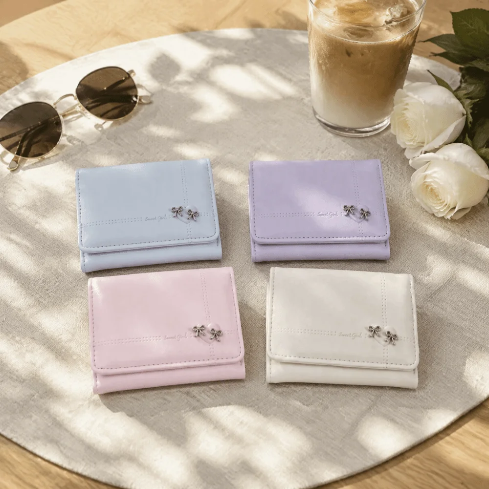 Fashion Large Capacity Love Bow Wallet Foldable Multi-card Slot Tri-fold Short Wallet Compact PU Leather Card Holder Student