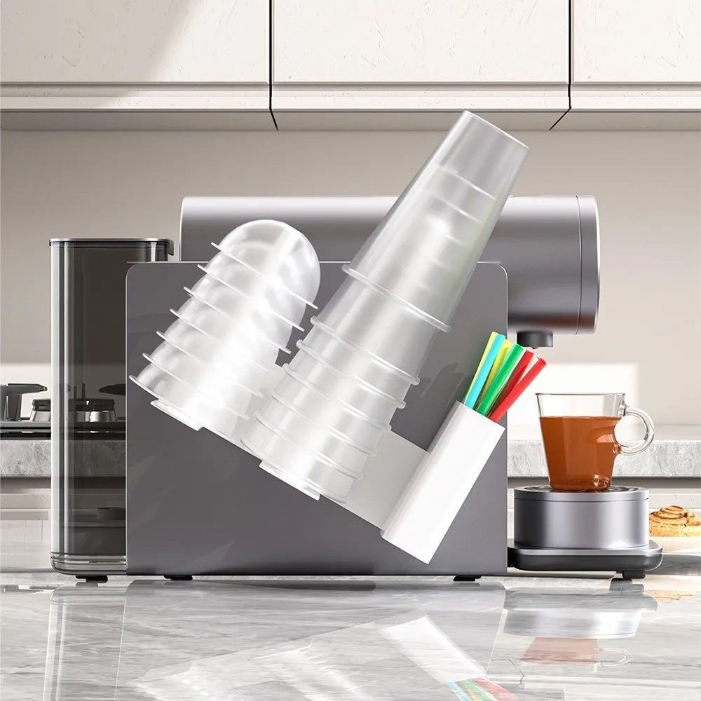 

3-in-1 Coffee Machine Cup Holder Side-Mounted Space Saving Cup Organizer Rack Large Capacity with Straw Slot