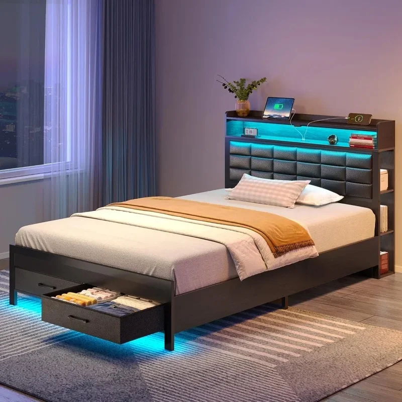 

Twin Size Upholstered Platform Bed with Storage Headboard, 2 Drawers, Charging Station, and LED Light