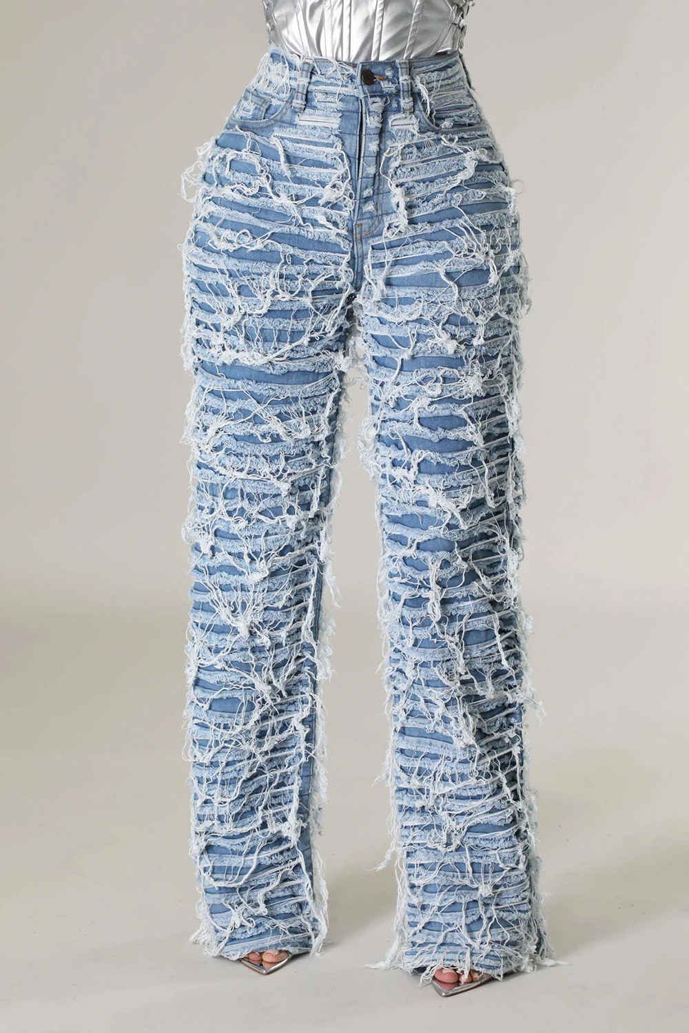 2024 Fashion denim brushed fringe loose straight leg pants for women with high waisted zippered jeans street loose party trouser