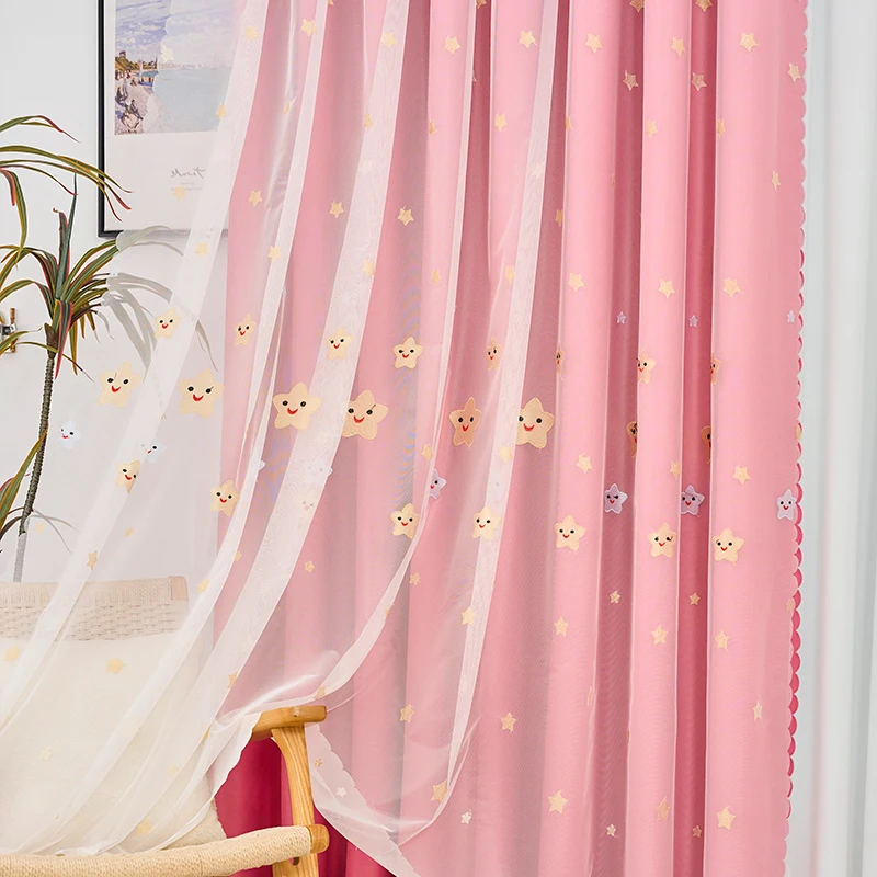 ผ้าม่านสองชั้นสีชมพูน่ารัก 1 ชิ้น พร้อมลายปักดาว ตกแต่งหน้าต่างสไตล์โมเดิร์นสำหรับห้องนั่งเล่นและห้องนอน