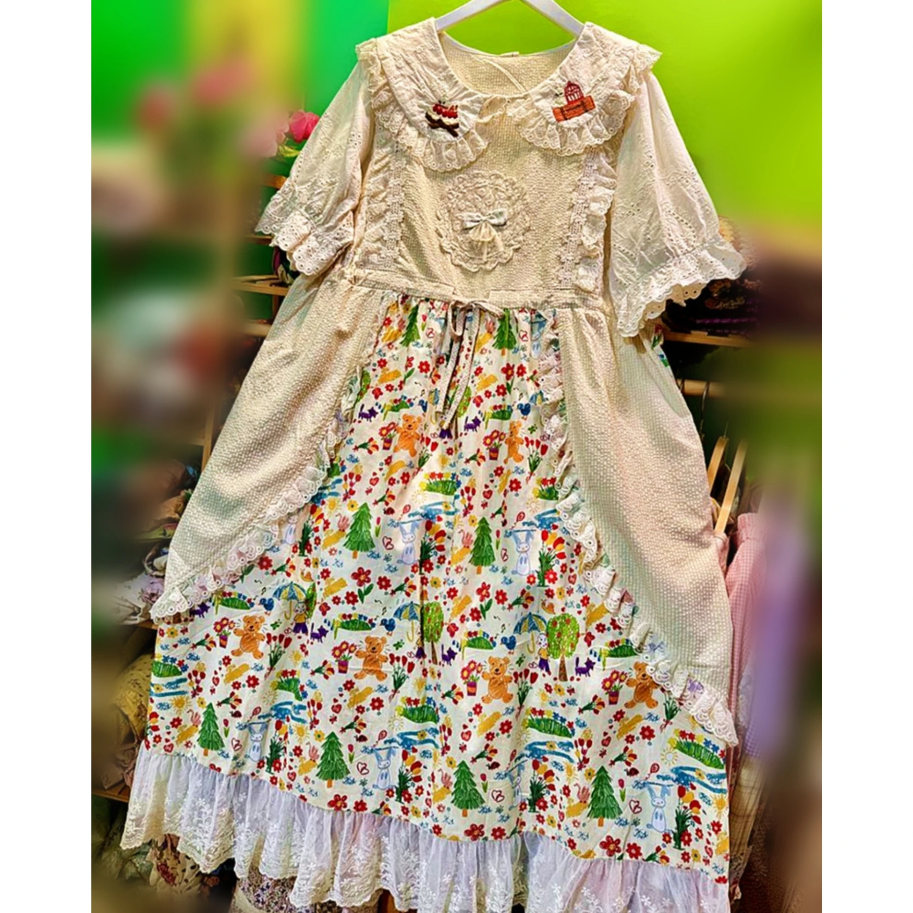 

Summer Goblincore Cotton Patchwork Ruffled Lace Long Dress for Women Vintage Cottagecore Mori Girl Sweet Cute Lolita Midi Dress