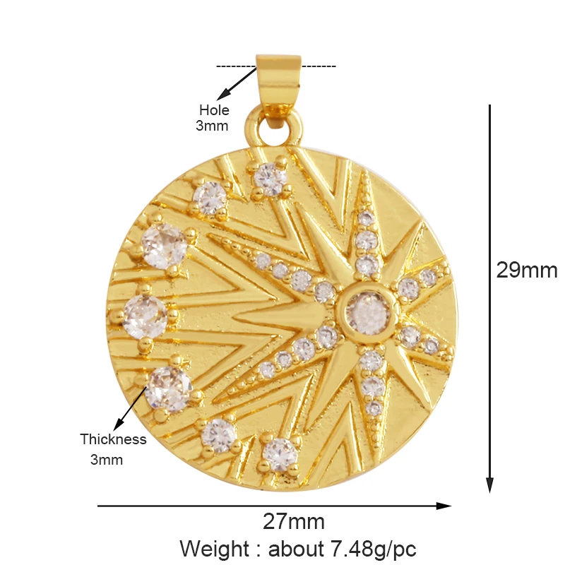 Kompass, glänzender Sonne, Mond, Stern, Muschel-Charm-Anhänger, 18 Karat vergoldetes Gold, eingelegter Zirkonia, Schmuck, Halskette, Armband, Zubehör S45 – Detail 6