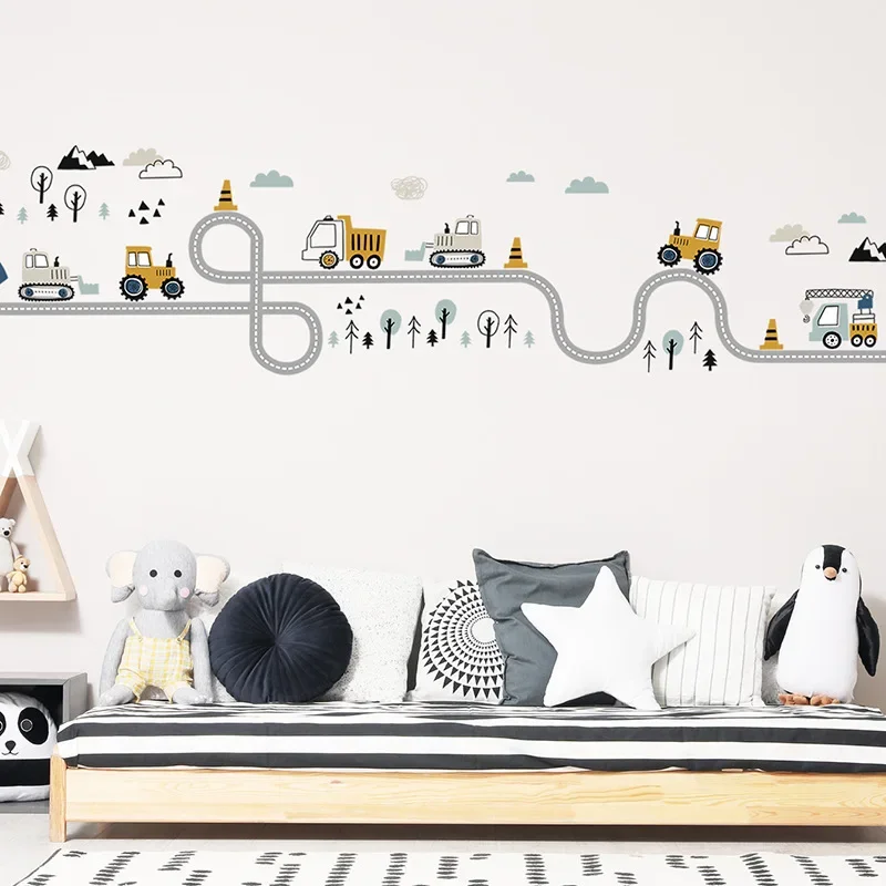 Cartoon Engineering Car Wall Sticker Transportation Traffic Road Self-adhesive Children's Room Wall Decoration Wall Sticker