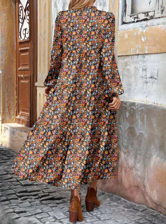 Flowers Print Women Sundress 2025 Spring Vintage Long Sleeve V-neck Maxi Dress Elegant Ladies Long Dresses Female Vestidos Robes