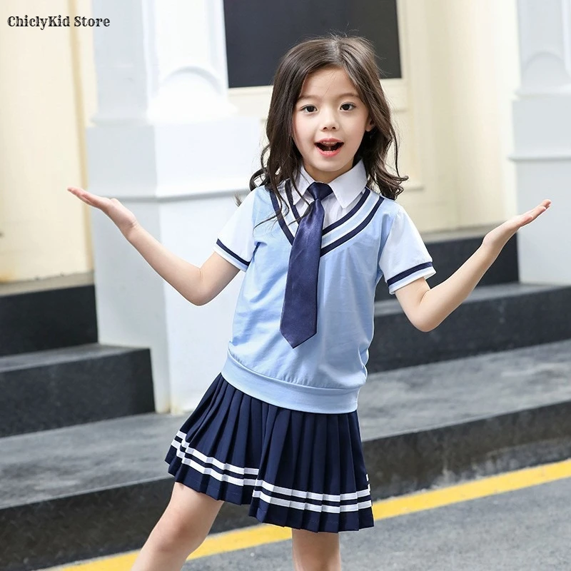 

Girls British Korean Preppy Fake Two Shirt Skirts Boys Tops Shorts Kids Toddler Clothes Set Child Summer Students School Uniform