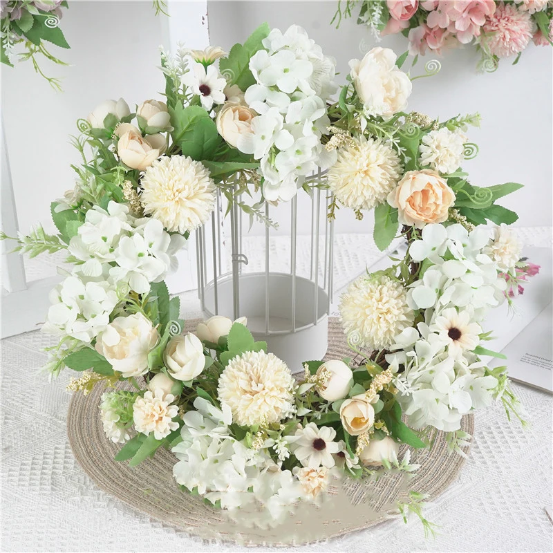 

Simulation Peony Hydrangea Garlands Door Wreath Hanging Ornaments Colored Wreath Pendant Display Window Wedding Photography Prop